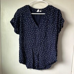 Navy Polka Dot V-Neck Blouse